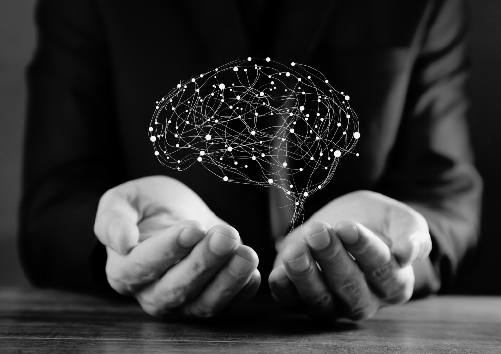 Mains tenant une illustration de cerveau avec des connexions neuronales, symbolisant la neuroscience et la neuroplasticité