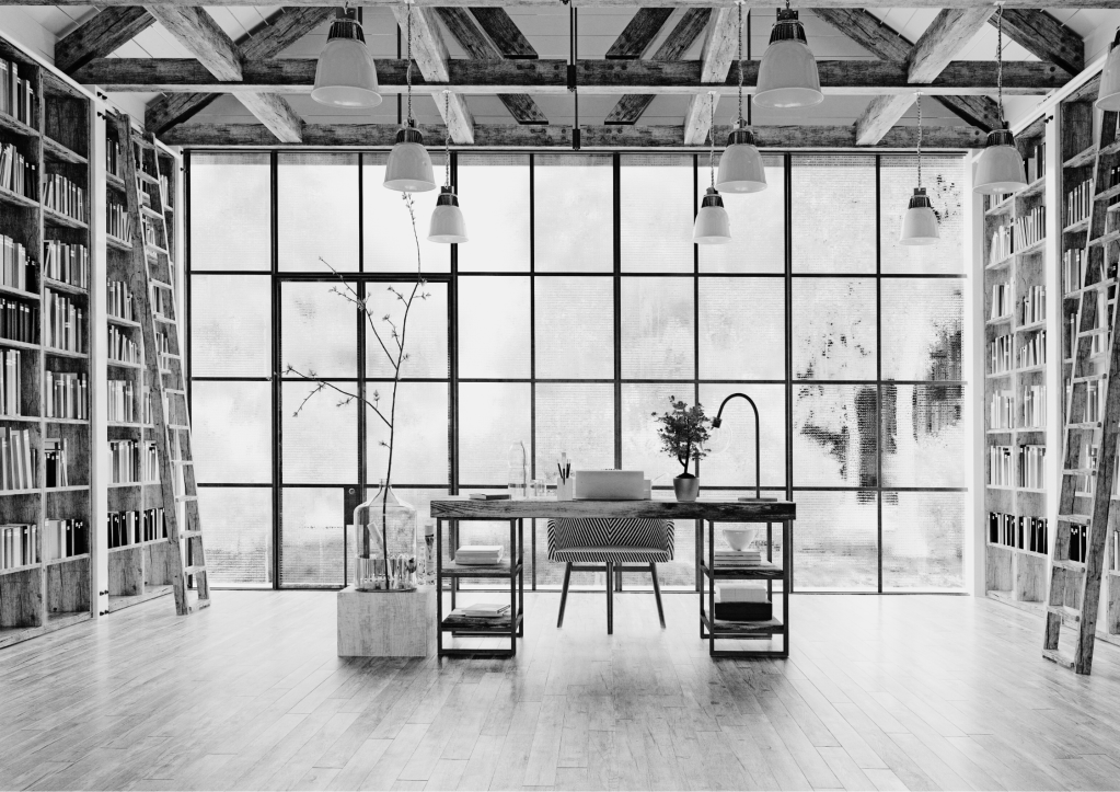 Bureau élégant avec de grandes fenêtres et des étagères remplies de livres, symbolisant un espace de travail inspirant